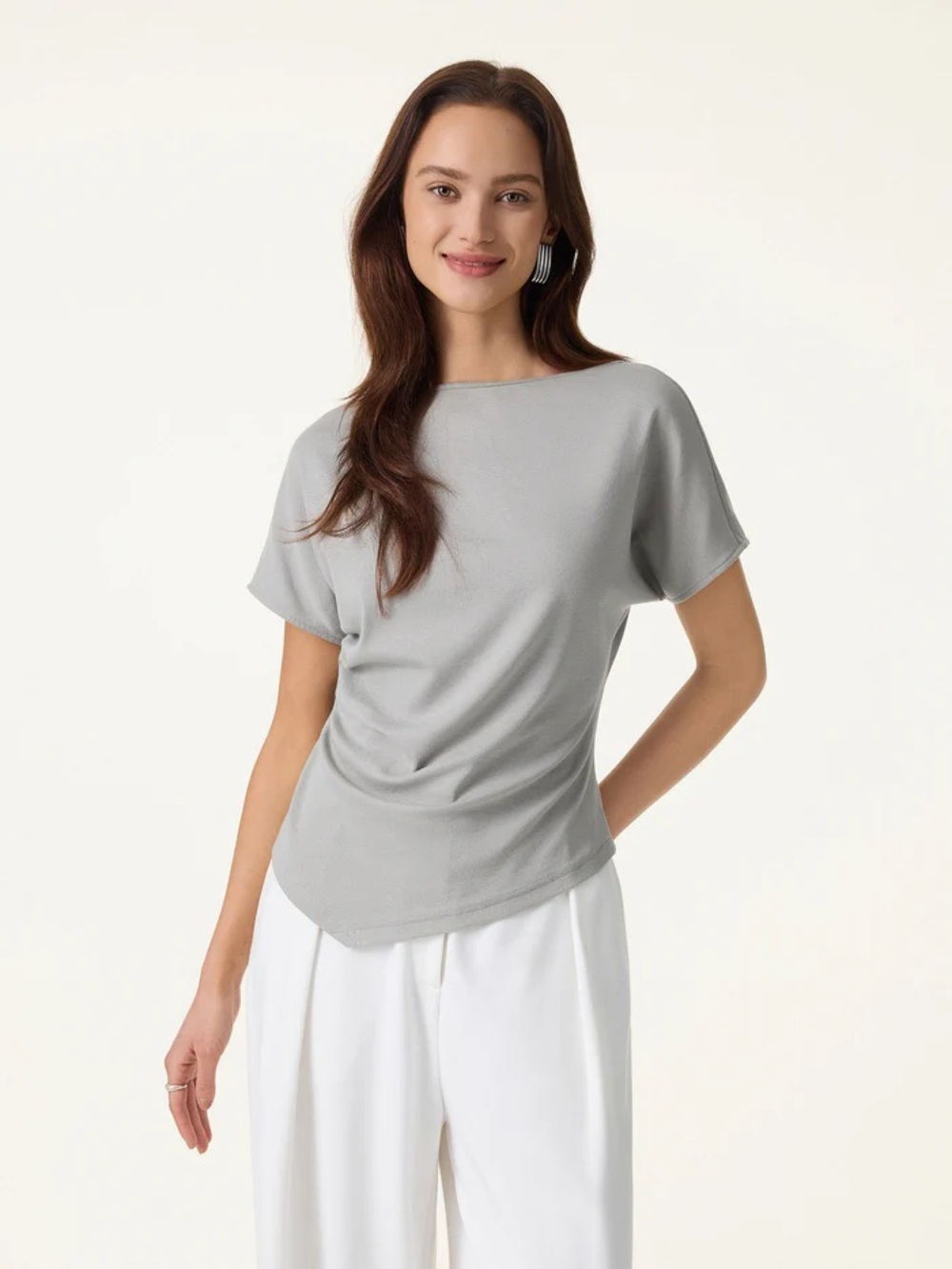 NWT OGL Cotton Lyocell Boatneck Angled Summer Tee in light GRAY